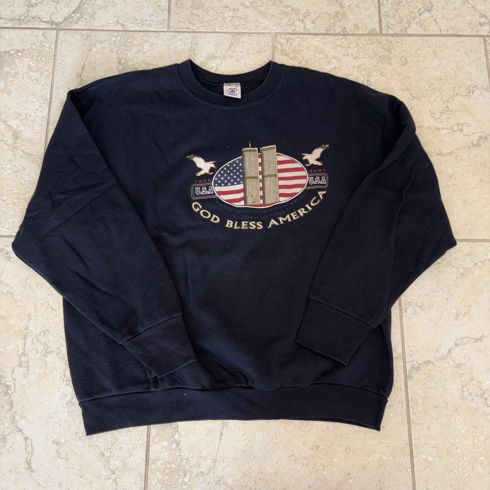 God Bless America Graphic Navy Blue Crewneck Delta USA Pullover Mens XL